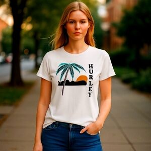 Hurley White Tee with Palm and Sunset Design